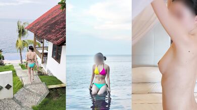 Infinity pool and semi-nude wearing colorful bikini