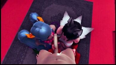 Sona and KDA Ahri (League of legends) 3d porn blowjob with massive cumshot on their faces