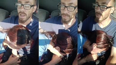 Daddy stuck driving as lilmama deep throats his cock and swallows