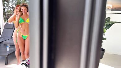 Wild threesome after spying on my girlfriend and her friend while they’re naked and horny