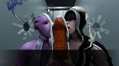 Two bitches service a mutant's cock at the same time, their tongues will be filled for a long time