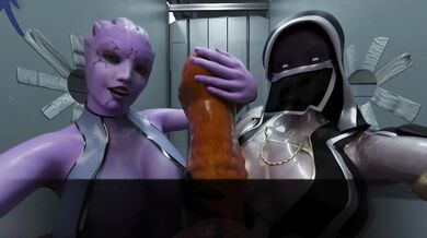 Two bitches service a mutant's cock at the same time, their tongues will be filled for a long time