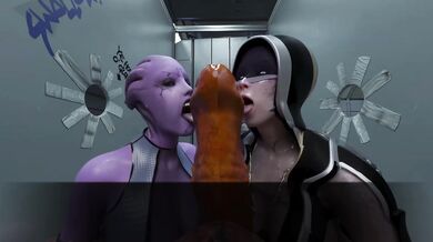 Two bitches service a mutant's cock at the same time, their tongues will be filled for a long time
