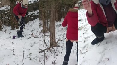 A winter hike leads to an outdoor creampie.