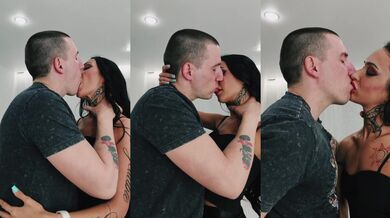A hot MILF in a leather skirt passionately kisses me and jerks me off