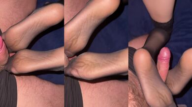 Babe footjob dick in black stockings