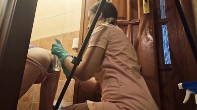 Russian beautiful girl fucking a slave in the toilet anal dildo submission man amateur Sasha Earth