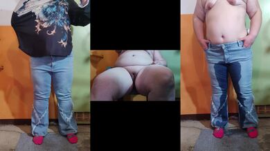Chubby mom locked in basement desperately pees in her blue jeans