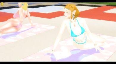 Princess Peach and Princess Zelda bikini threesome