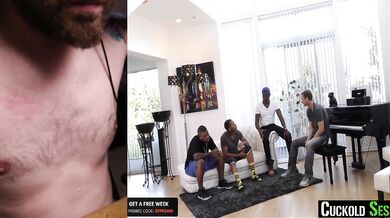 Husband hands his wife over to a gangbang of huge cocks