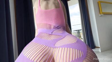 Stepsister suddenly orgasms during porn shoot. Big butt in fishnet