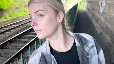 Walk in public by the train track ends in blowjob