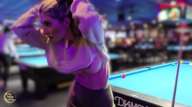 Gorgeous Big-titted Wife Boldly Flashing at the Pool Hall
