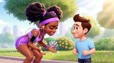 A beautiful athletic girl and a little man who knows how to get bigger