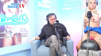 Sexy, busty blonde gets really horny and asks to suck and ride her friend's cock right in the middle of a podcast!