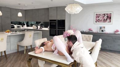 Slutty maid seduces married man and fucks him on the table