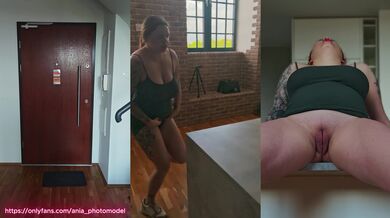 A busty businesswoman wants to pee but can't because all the toilets are occupied, so she sits on the kitchen table and pisses.