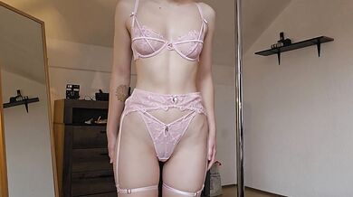 Trying on my new pink lingerie set with a garter belt