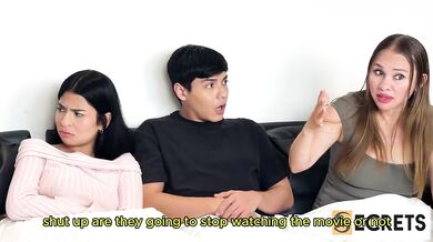 PART 1: I GIVE MY BOYFRIEND A BLOWJOB WHILE WE ALL WATCH A MOVIE, AND THEN I FUCK HIS BEST FRIEND