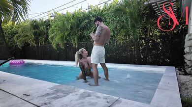 Horny housemate sucks cock by the pool, SLOPPY cock hungry blowjob!
