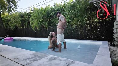 Horny housemate sucks cock by the pool, SLOPPY cock hungry blowjob!
