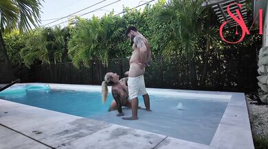 Horny housemate sucks cock by the pool, SLOPPY cock hungry blowjob!