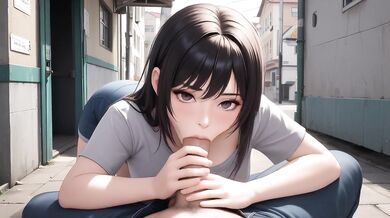 AI Generated - Wet Black Hair Blue Eyes POV Huge Natural Tits Public Squat