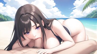 AI Generated - Wet Dark Hair Beach Waifu POV Sloppy BJ Huge Natural Tits