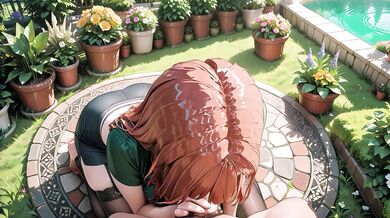 Redhead Busty Beauty Passionate Sex on Garden Grass: Shiny Green Skirt & Black Stockings to Squirting