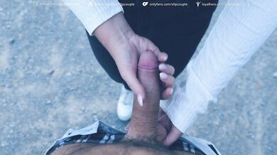 Public Parking Lot Handjob Gone Wild: Wet & sloppy Handjob leads to massive Tit Cumshot