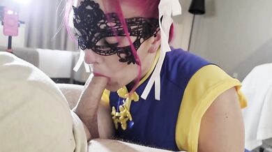 Hot Wife in Chun Li cosplay blowjob with cum swallow