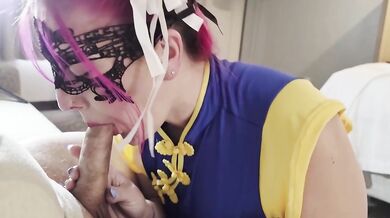 Hot Wife in Chun Li cosplay blowjob with cum swallow