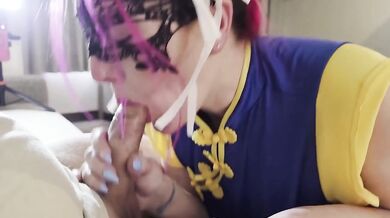 Hot Wife in Chun Li cosplay blowjob with cum swallow