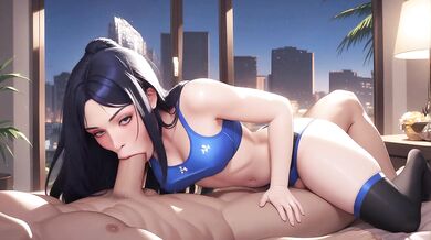 AI Generated - Hot Long Dark Hair Blue Ribbon Girl POV Massive Tits Night Skyline