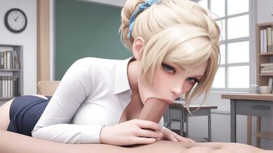 AI Generated - Sexy Blonde Glasses Waifu POV Spread Legs White Shirt Blue Skirt