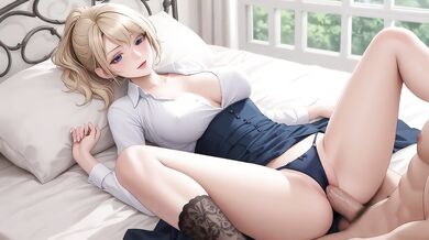 AI Generated - Sexy Blonde Glasses Waifu POV Spread Legs White Shirt Blue Skirt