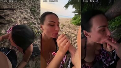 HORNY MILF Gives RISKY BEACH BLOWJOB to Stranger and Takes FULL LOAD in Mouth