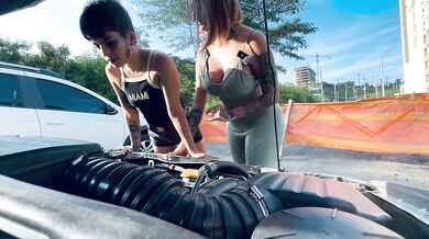 Lucky mechanic with two girls who pay him with sex
