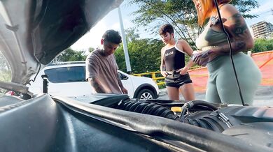 Lucky mechanic with two girls who pay him with sex