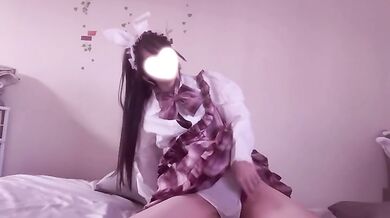 Cute girl with straight black hair indulges in pleasure by masturbation