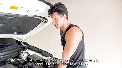 Hot Brunette Offers Her beutiful big tits and bounces on the big dick of her Mechanic