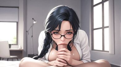 AI Generated - AI Glasses Secretary POV Sloppy Blowjob & Spread Legs Creampie