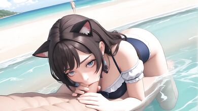 AI Generated - Curvy Catgirl Blue Ruffle Bikini POV Messy Titfuck Sand