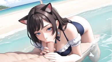 AI Generated - Curvy Catgirl Blue Ruffle Bikini POV Messy Titfuck Sand
