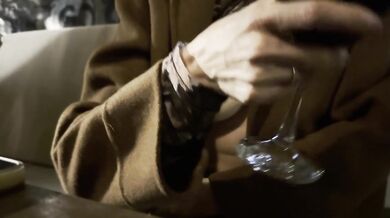 Teasing my husband with completely sheer blouse over a glass ow wine in outdoor bar and lifting my blouse up exposing boobs