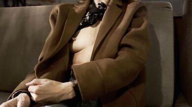 Teasing my husband with completely sheer blouse over a glass ow wine in outdoor bar and lifting my blouse up exposing boobs