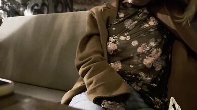 Teasing my husband with completely sheer blouse over a glass ow wine in outdoor bar and lifting my blouse up exposing boobs