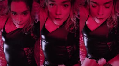 Trans girl showing off her shiy noir pv dress and asking daddy to touch her