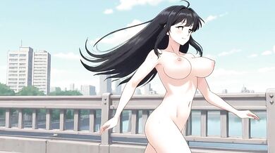 A busty woman running naked on a bridge