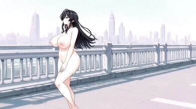 A busty woman running naked on a bridge